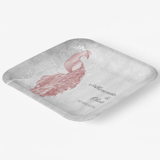 Roze Peacock Bruiloft Douche Papier Borden Papieren Bordje (Gebogen)