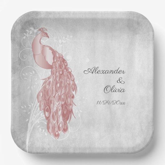 Roze Peacock Bruiloft Douche Papier Borden Papieren Bordje (Voorkant)