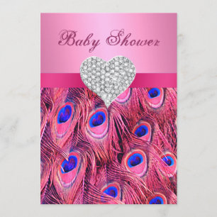 Roze Peacock Diamond Heart Baby shower Uitnodiging