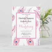 Roze Peacock Feathers Bruiloft Kaart (Staand voorkant)