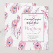 Roze Peacock Feathers Bruiloft Kaart (Voorkant / Achterkant)