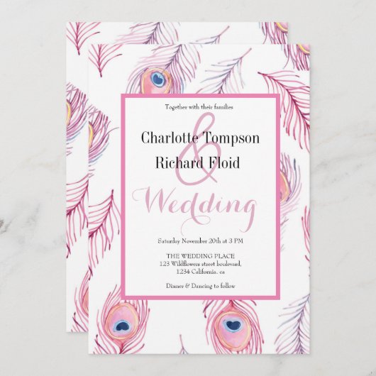 Roze Peacock Feathers Bruiloft Kaart (Voorkant / Achterkant)