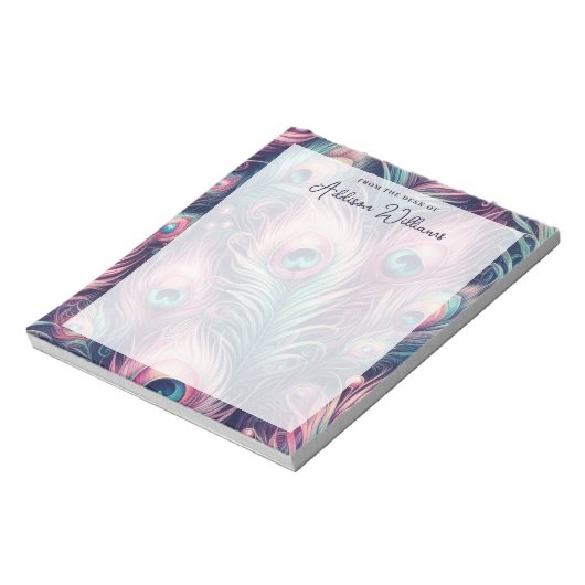 Roze Peacock Feathers Custom Naam Notitieblok (Linkerzijde)