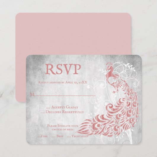 Roze Peacock Leaf Vine Wedding RSVP Kaart (Voorkant / Achterkant)