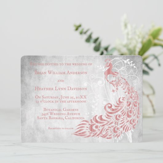 Roze Peacock Leaf Vine Wedding Uitnodiging (Staand voorkant)
