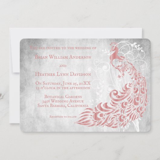 Roze Peacock Leaf Vine Wedding Uitnodiging (Voorkant)