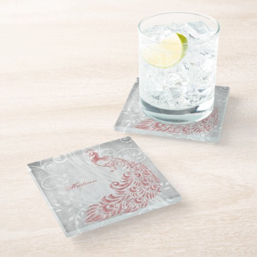 Roze Peacock op maat Glazen Onderzetter (Schuin)