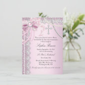 Roze Pearl Bow Cross Heilige Communie of Baptisme Kaart (Staand voorkant)