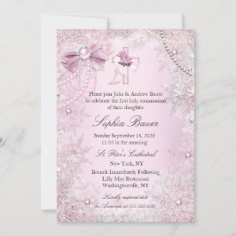 Roze Pearl Bow Cross Heilige Communie of Baptisme Kaart