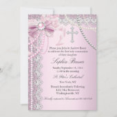 Roze Pearl Bow Cross Heilige Communie of Baptisme Kaart (Voorkant)