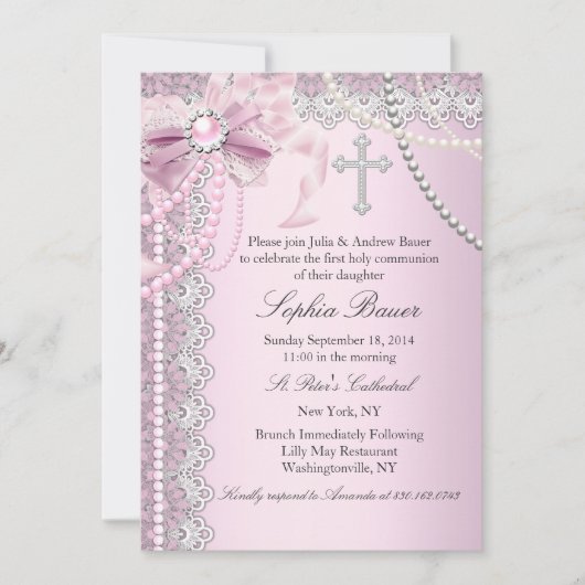 Roze Pearl Bow Cross Heilige Communie of Baptisme Kaart (Voorkant)