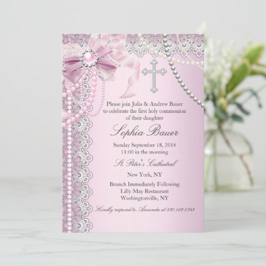 Roze Pearl Bow Cross Heilige Communie of Baptisme Kaart (Staand voorkant)