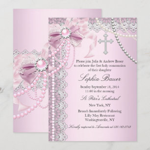 Roze Pearl Bow Cross Heilige Communie of Baptisme Kaart