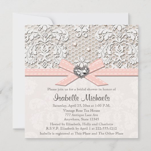 Roze Pearl Lace Diamond Bridal Shower Invitations Kaart (Voorkant)