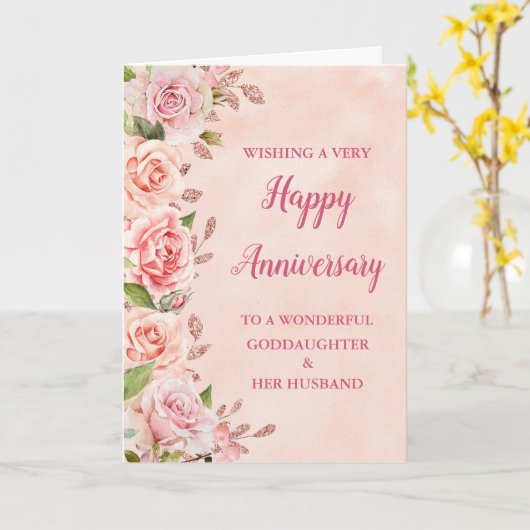 Roze peetdochter en man bruiloft Jubileum Kaart (Gele Bloem)