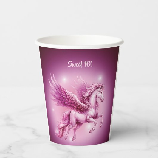 Roze Pegasus "Gelukkige Verjaardag" Papieren Bekers (Achterkant)