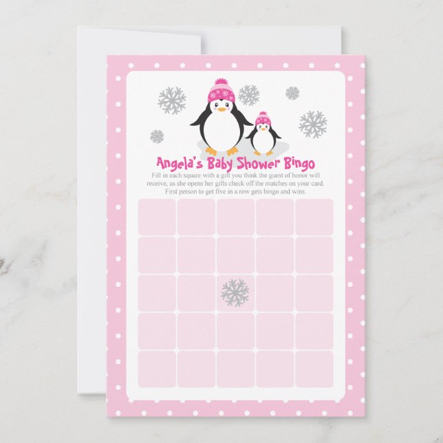 Roze Penguin Baby shower Bingo Kaart (Voorkant)