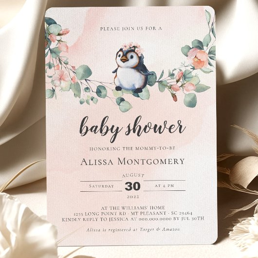 Roze Penguin Baby shower Girl Kaart
