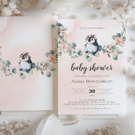 Roze Penguin Baby shower Girl Kaart