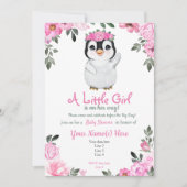 Roze Penguin Baby shower-uitnodiging, bijtend Kaart (Voorkant)