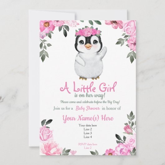 Roze Penguin Baby shower-uitnodiging, bijtend Kaart (Voorkant)