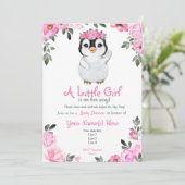 Roze Penguin Baby shower-uitnodiging, bijtend Kaart (Staand voorkant)