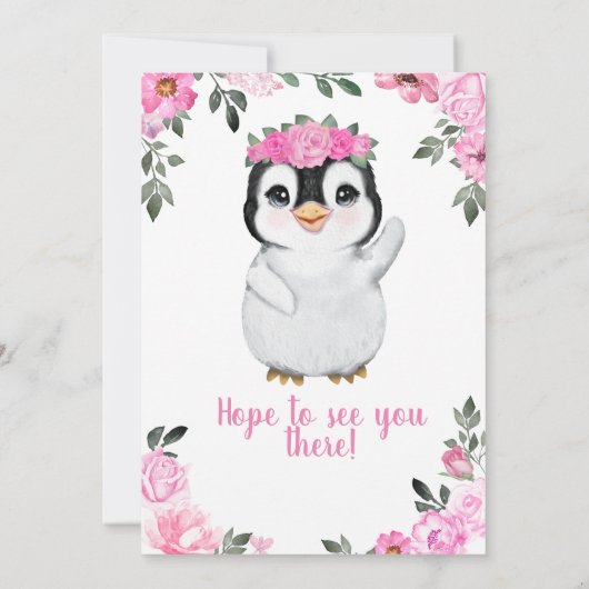 Roze Penguin Baby shower-uitnodiging, bijtend Kaart (Achterkant)