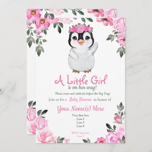 Roze Penguin Baby shower-uitnodiging, bijtend Kaart (Voorkant / Achterkant)