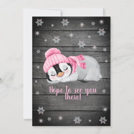 Roze Penguin Baby shower uitnodiging, Winter Pet Kaart (Achterkant)