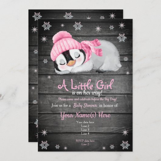 Roze Penguin Baby shower uitnodiging, Winter Pet Kaart (Voorkant / Achterkant)