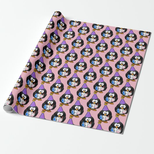 Roze Penguin Birthday Gift Wrap Cadeaupapier (Uitgerold)