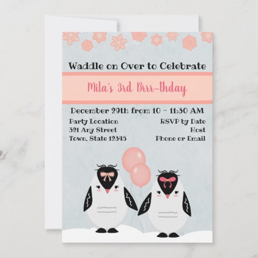 Roze Penguin Birthday Uitnodiging (Voorkant)