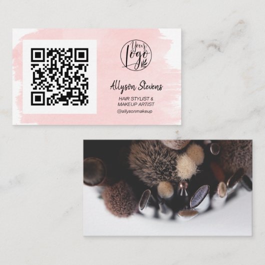 Roze penseelhaar make-up foto qr code logo visitekaartje (Voorkant / Achterkant)