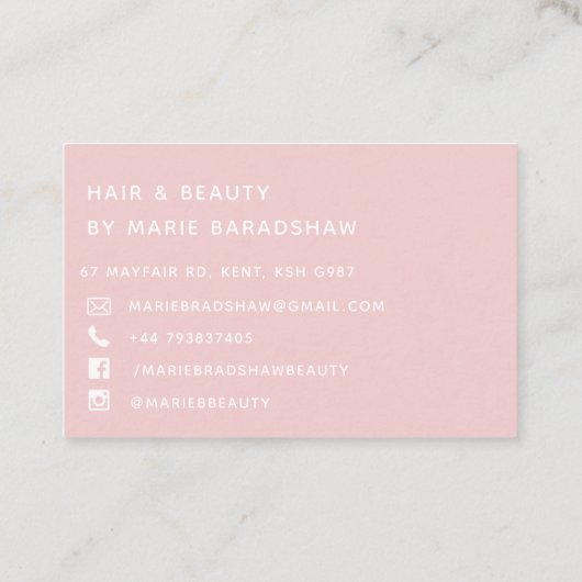 Roze penseelstreek en Visitekaartje van Spots Beau (Achterkant)