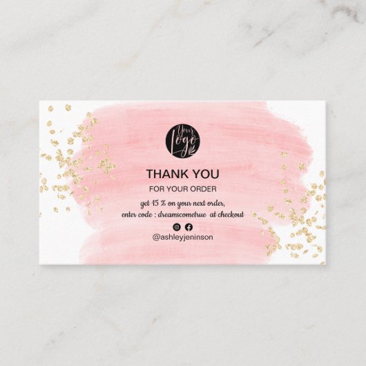 Roze penseelstreek goud glitter logo orde dank u visitekaartje (Voorkant)