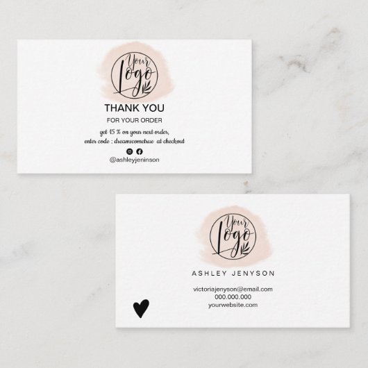 Roze penseelstreek minimalistische logo orde dank  visitekaartje (Voorkant / Achterkant)