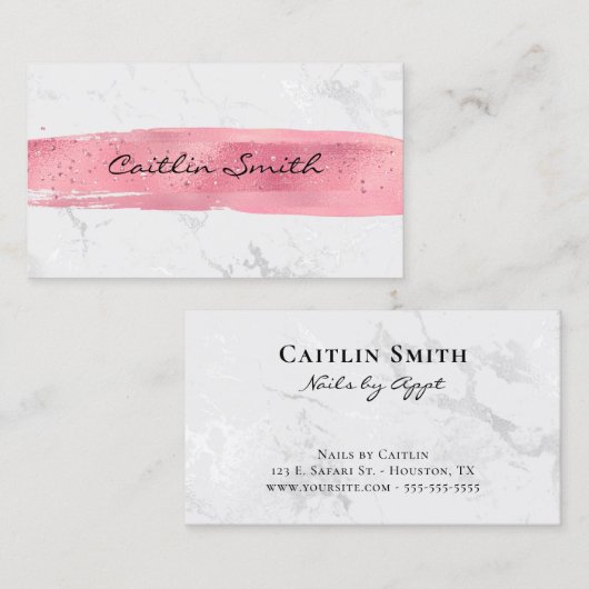 Roze penseelstreek Zilver Wit Folie Marmer Visitekaartje (Voorkant / Achterkant)