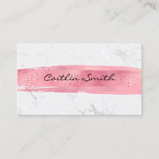 Roze penseelstreek Zilver Wit Folie Marmer Visitekaartje (Voorkant)