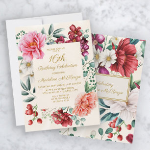 Roze Peonies Burgundy Floral Leaves 16e verjaardag Kaart