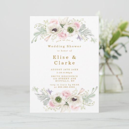 Roze Peony Anemone Flower Gold Wedding Shower (Staand voorkant)