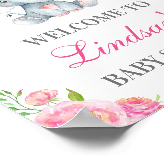 Roze Peony Elephant Girl Baby shower Welkomstteken Poster (Hoek)