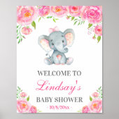 Roze Peony Elephant Girl Baby shower Welkomstteken Poster (Voorkant)