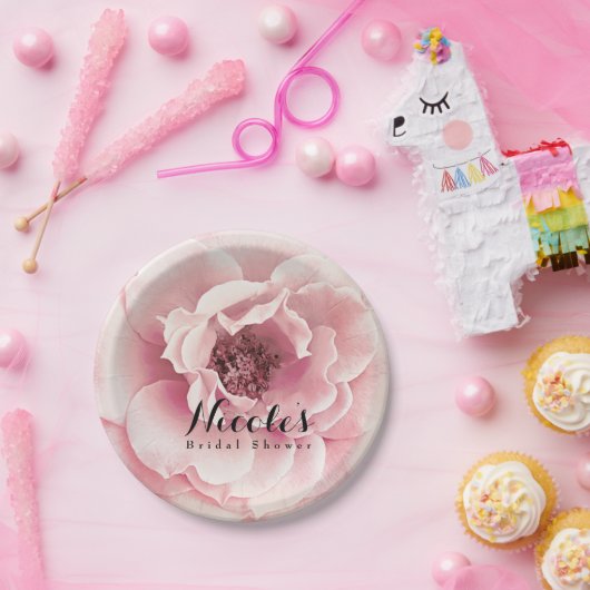 Roze Peony Flower Elegant Bloemen Custom Wedding Papieren Bordje (Feest)