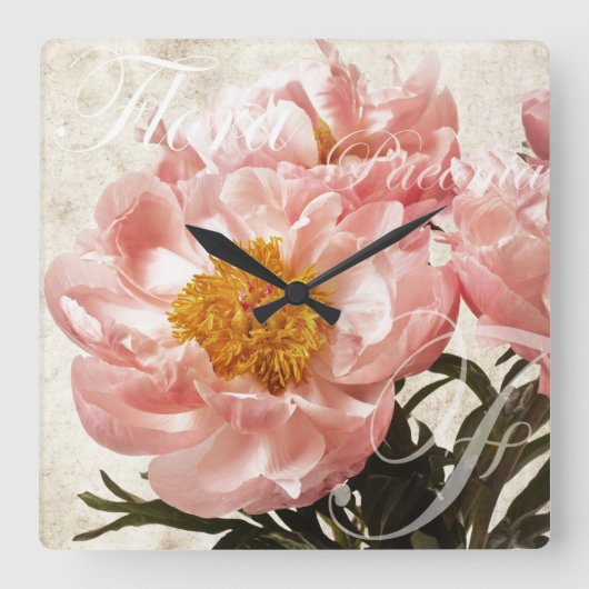 Roze Peony Flower Marble Script Background Vierkante Klok (Voorkant)