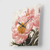 Roze Peony Flower Marble Script Background Vierkante Klok (Hoek)