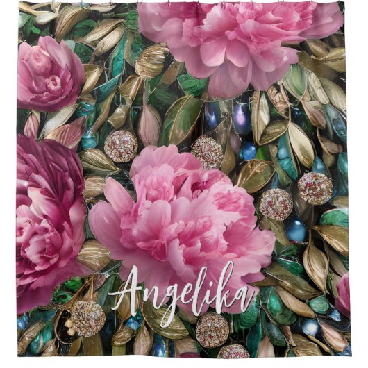 Roze Peony Flowers Aangepaste naam Douchegordijn (Voorkant)