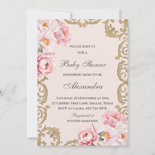 Roze Peony Rococo  Floral Baby shower Kaart (Voorkant)