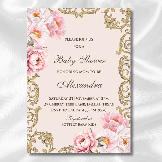 Roze Peony Rococo  Floral Baby shower Kaart
