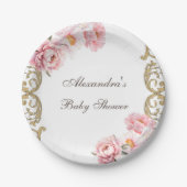 Roze  Peony Rococo Floral Baby shower Papieren Bordje (Voorkant)