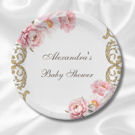 Roze Peony Rococo Floral Baby shower Papieren Bordje